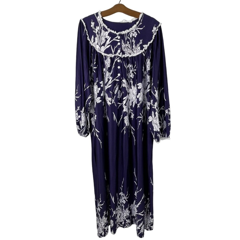 Yozly House Dress Nightgown Size XXL Maxi Long Sleeve Lace Floral Blue White